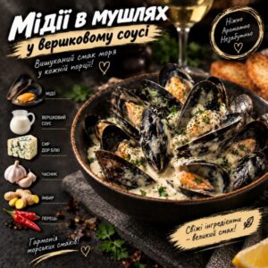 Мідії в мушлях у вершковому соусі